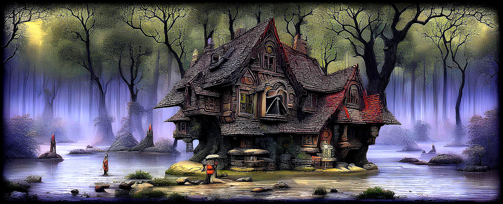 Enchanting cottage in mystical forest with serene pond