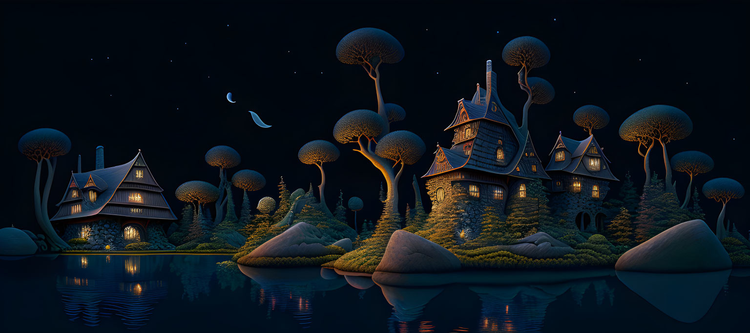 Enchanted house amidst oversized mushrooms in mystical night landscape