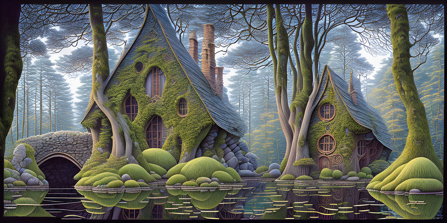 Whimsical moss-covered houses in enchanted forest pond.