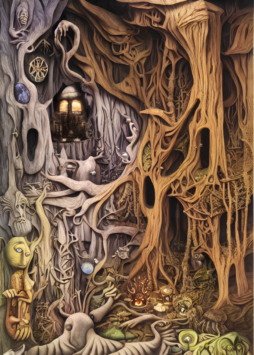 Fantastical tree with intricate roots and branches in dreamlike scene