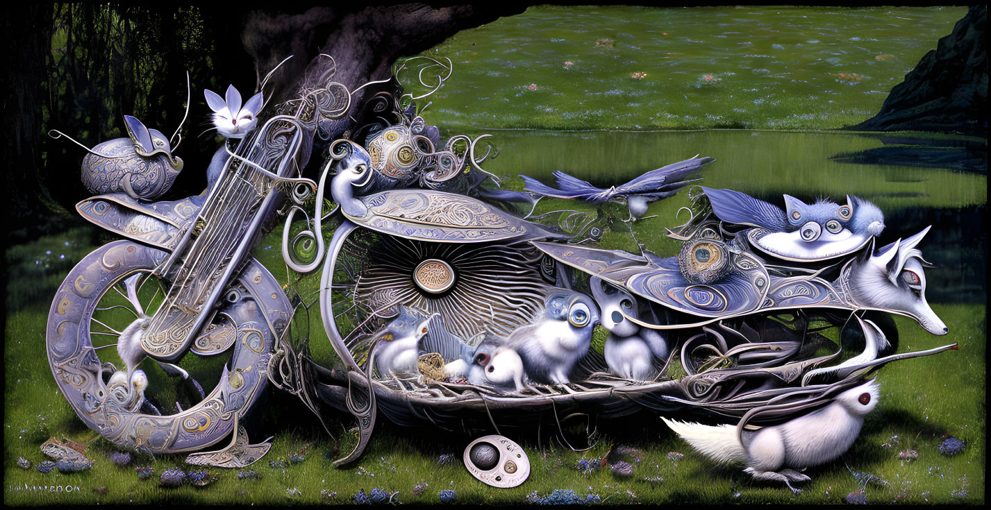 Stylized animals and ornate musical instruments in lush green landscape