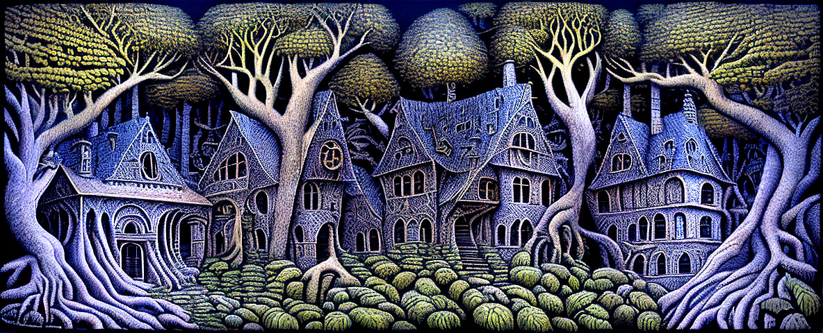 Detailed whimsical houses among twisted trees under starry sky