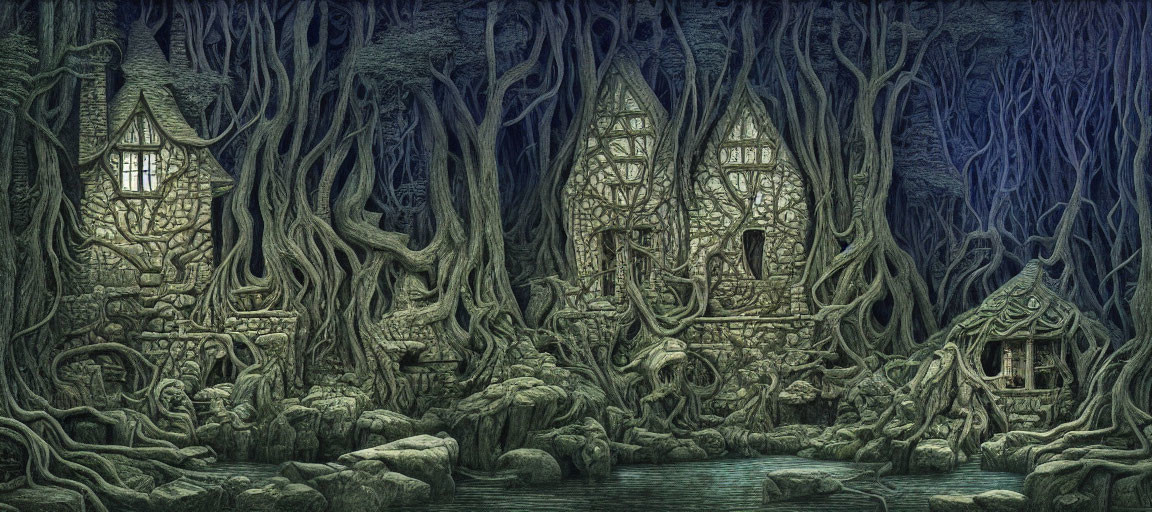 Mystical forest with twisted trees and eerie houses in enchanted setting
