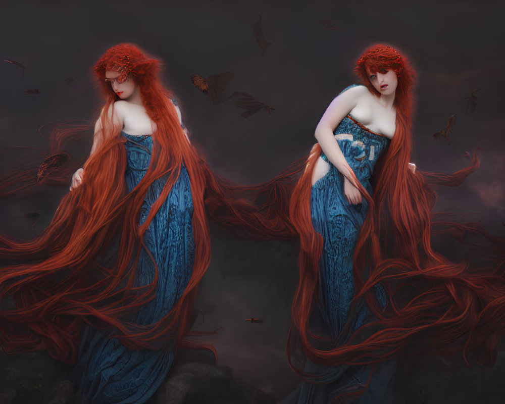 Digital Artwork: Identical Women with Red Hair in Blue Dresses Amidst Mystic Backdrop