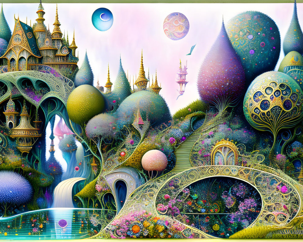 Fantasy landscape with onion-domed structures, waterfalls, boat, and celestial sky