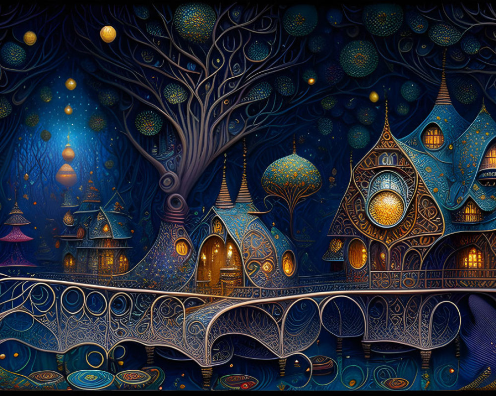 Fantasy landscape with colorful trees, houses, and bridges at night