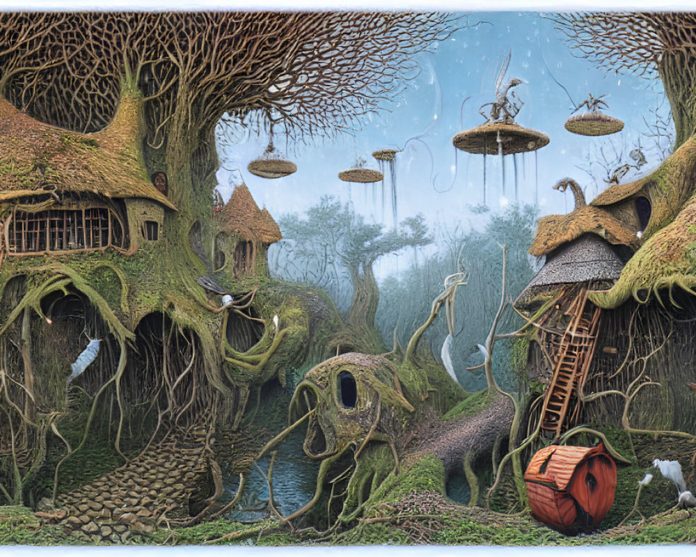 Fantasy village with treehouses, floating platforms, & mystical creatures