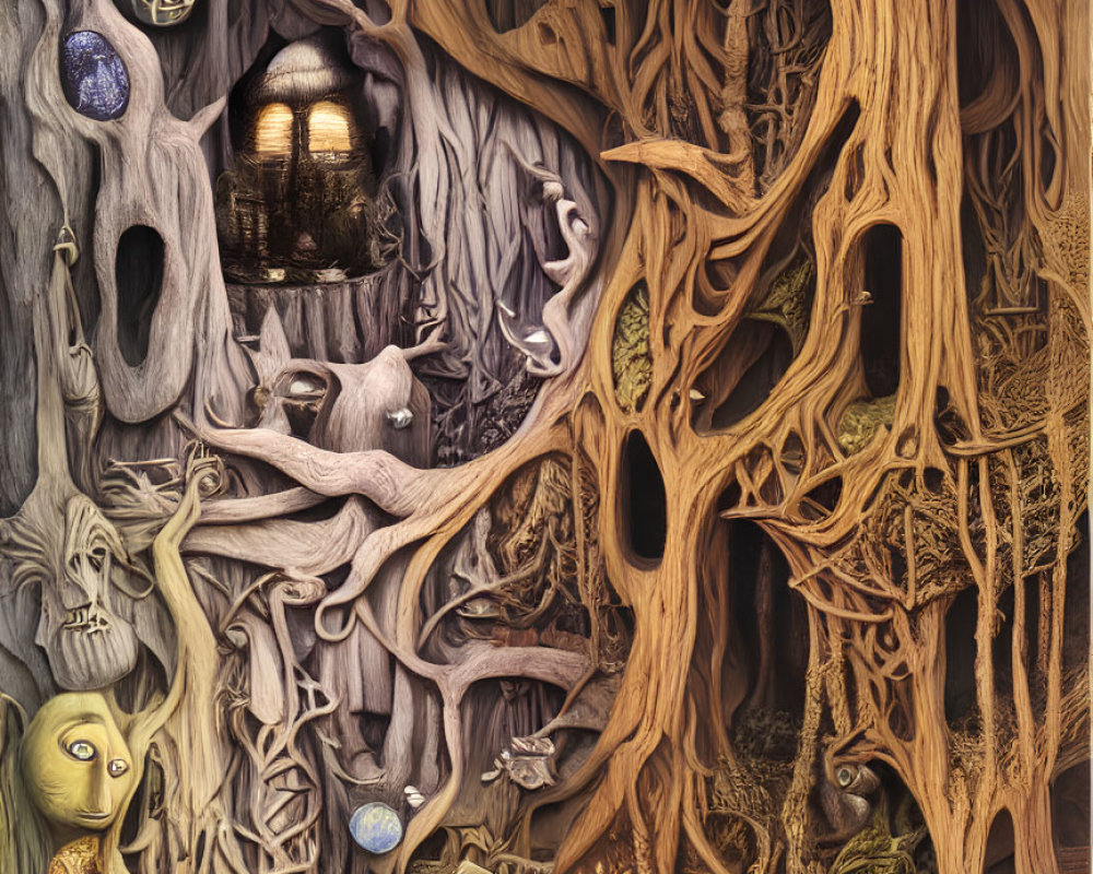 Fantastical tree with intricate roots and branches in dreamlike scene