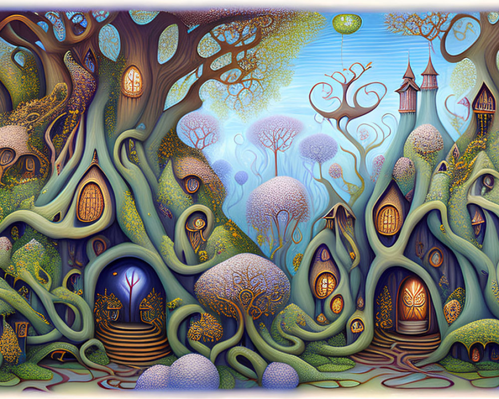 Colorful Forest with Tree Houses, Glowing Windows, and Distant Castle in Fairytale Art