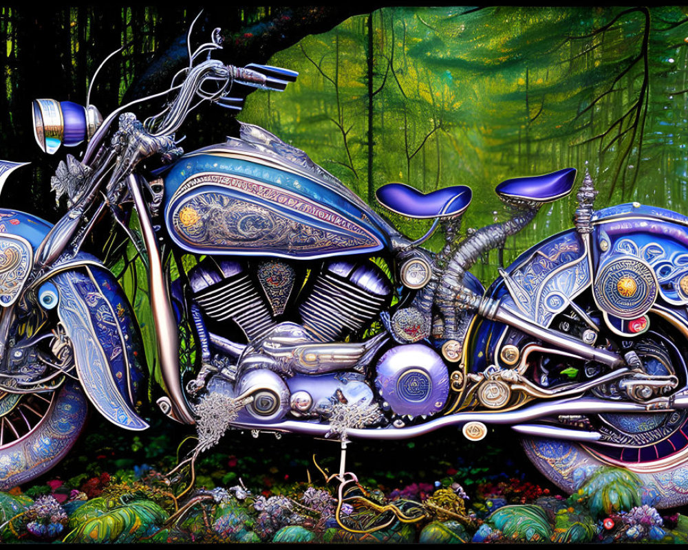 Colorful Ornate Motorcycle in Vibrant Forest Setting