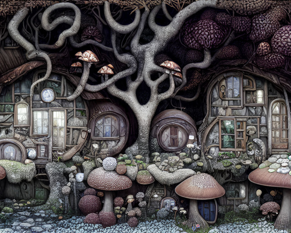 Detailed Woodland Scene with Mushroom Houses & Fantastical Fungi