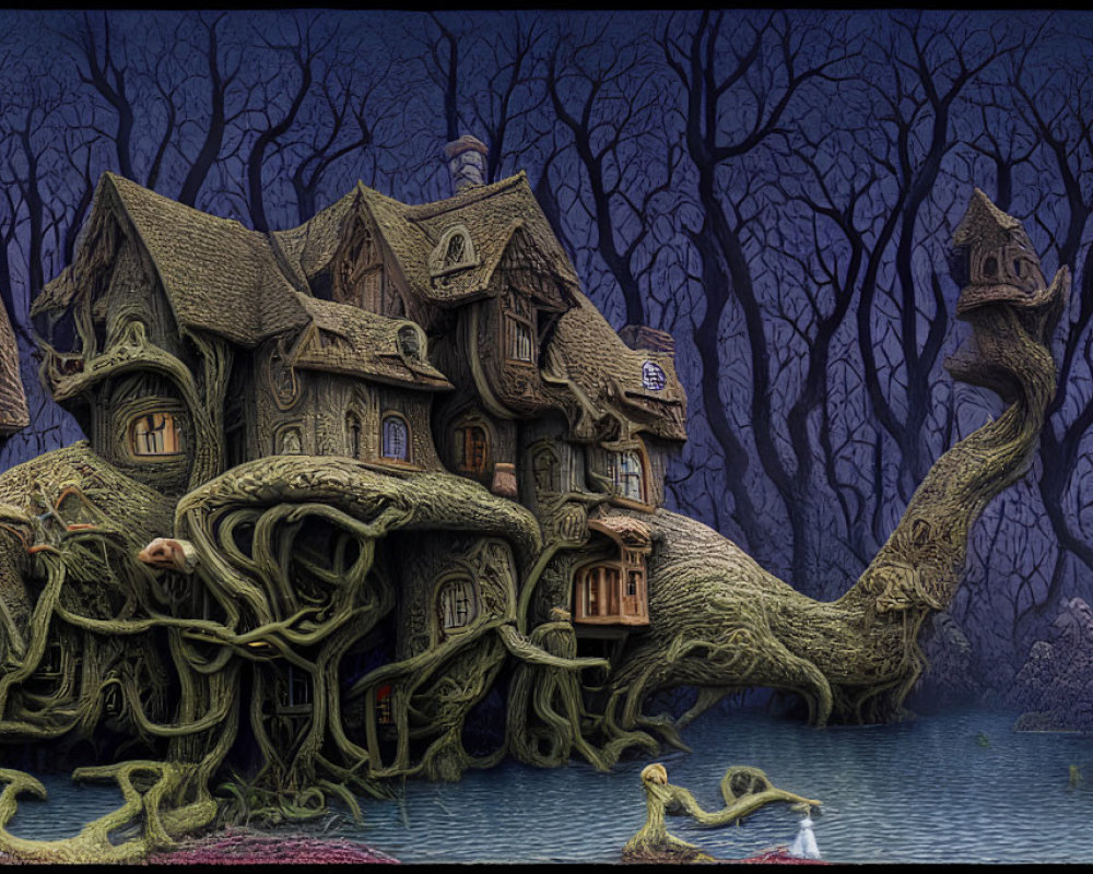 Fantasy house with twisted tree structures in dark forest with pond and swan.
