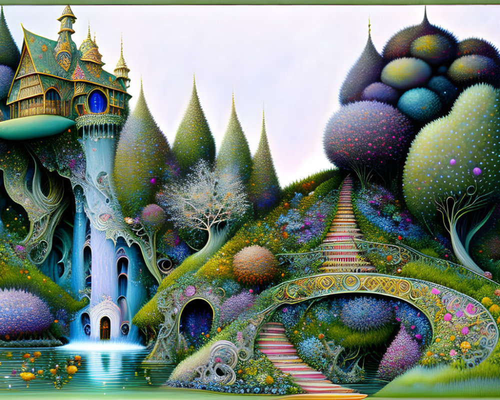 Whimsical castle in vibrant, detailed landscape