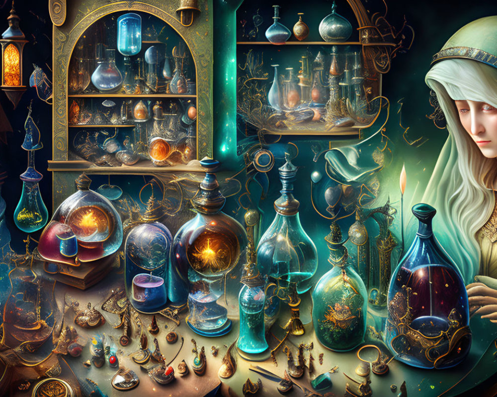 Mystical alchemist with glowing potions and artifacts in enchanting workspace