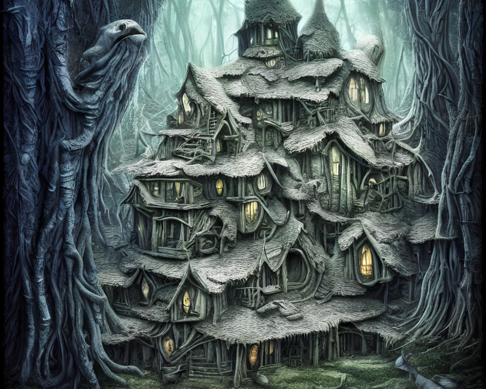 Eerie multi-story fantasy house in misty forest with crooked architecture