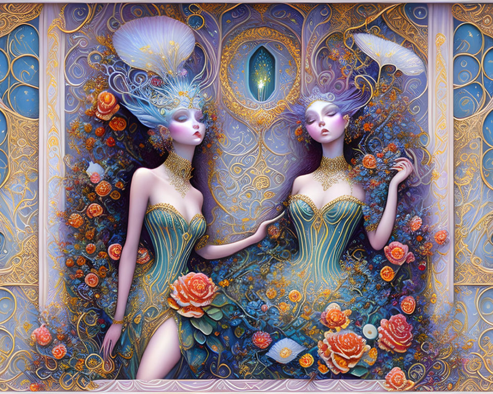 Symmetrical Art Nouveau illustration of ethereal women with peacock feather crowns surrounded by floral and