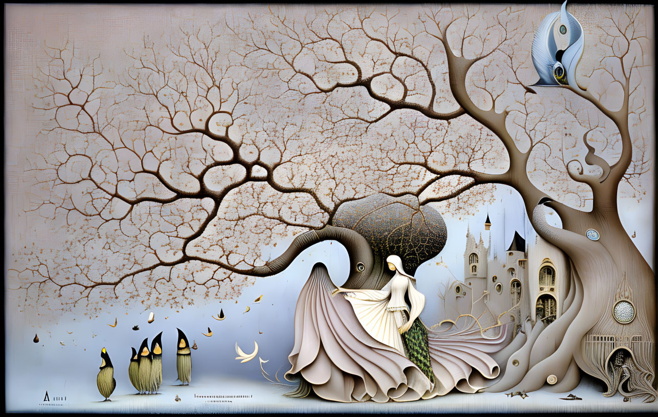 Fantasy artwork: woman, umbrella, penguins, tree, castle, moon, fish