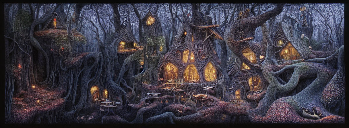 Mystical forest scene at dusk with illuminated windows in gnarled trees