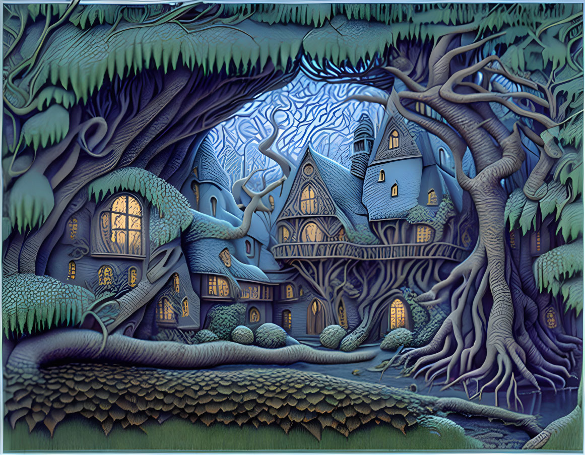 Detailed Fantasy Paper Art Depicting Whimsical Tree Houses