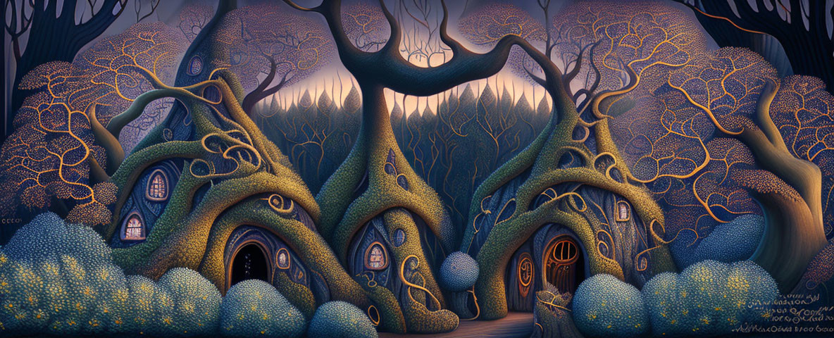 Whimsical fantasy landscape with twisted tree-houses at twilight