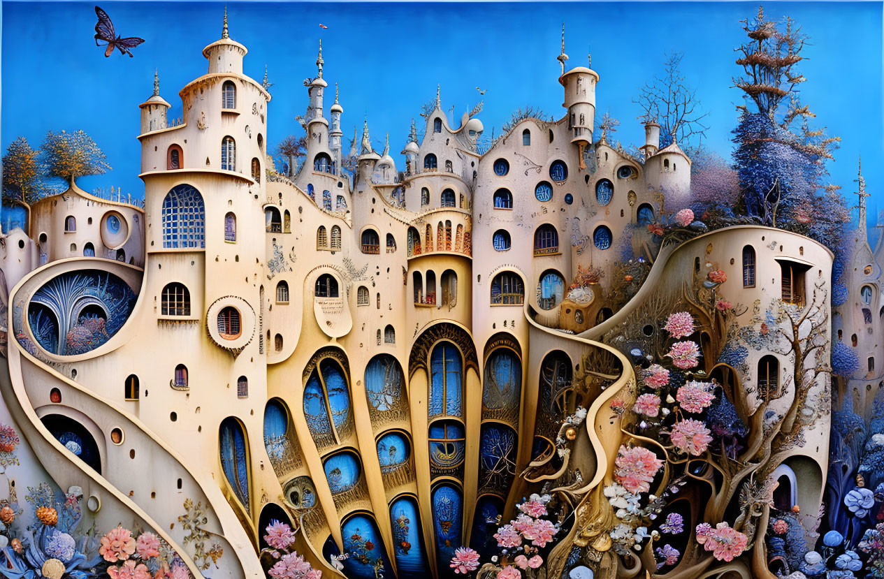 Fantasy castle with spires, arches, and balconies, surrounded by blooming trees and