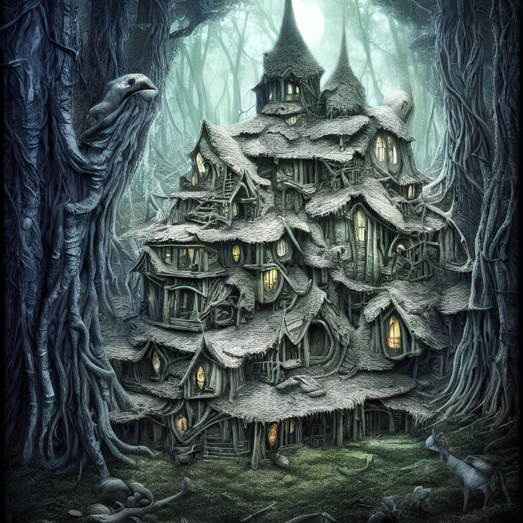 Eerie multi-story fantasy house in misty forest with crooked architecture