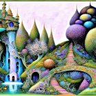 Fantasy landscape with onion-domed structures, waterfalls, boat, and celestial sky