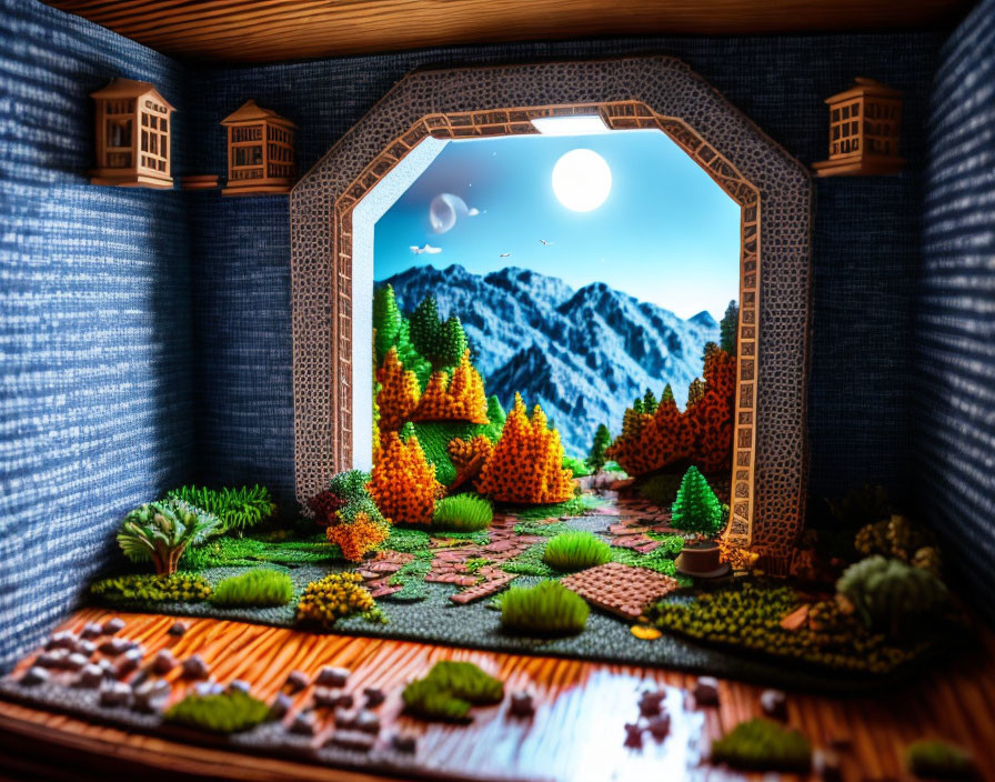 Colorful Trees and Mountain Landscape in Miniature Diorama