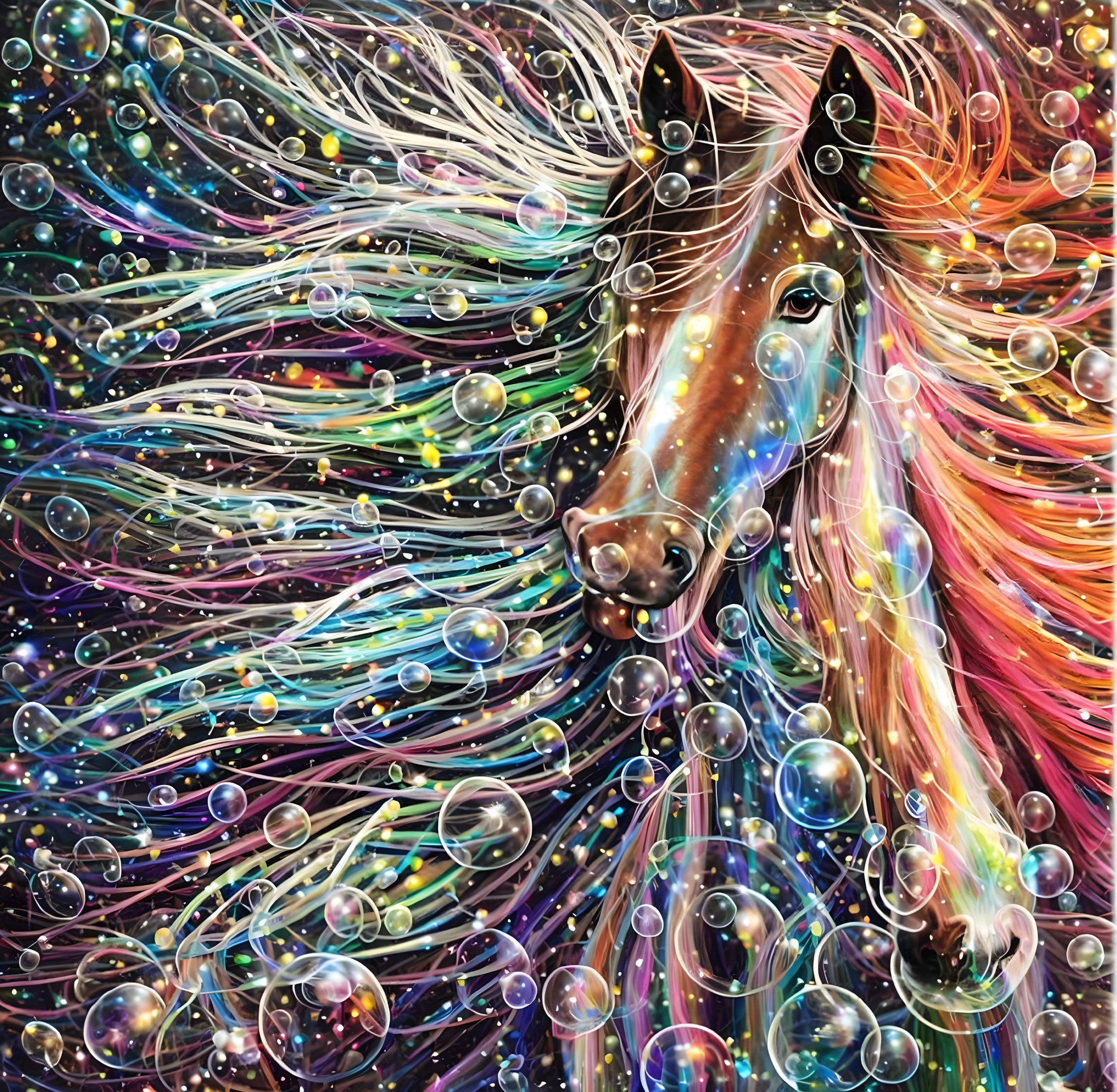 Colorful digital artwork: Two horses with multicolored manes surrounded by bubbles