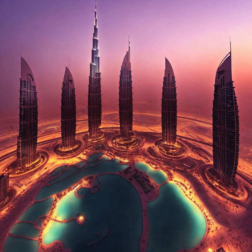 Aerial View of Dubai Skyline at Dusk with Burj Khalifa