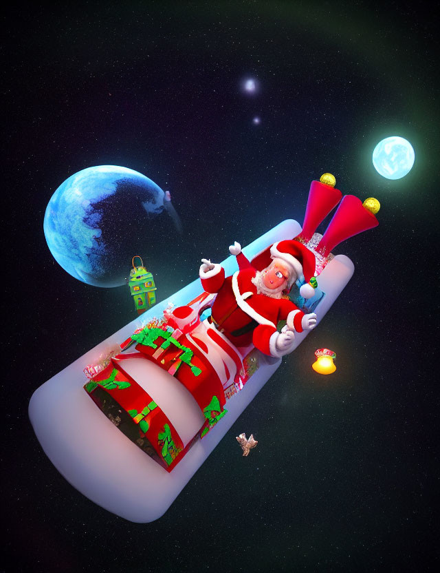 Santa Claus on space-themed sled with gifts, planets, and Earth in illustration