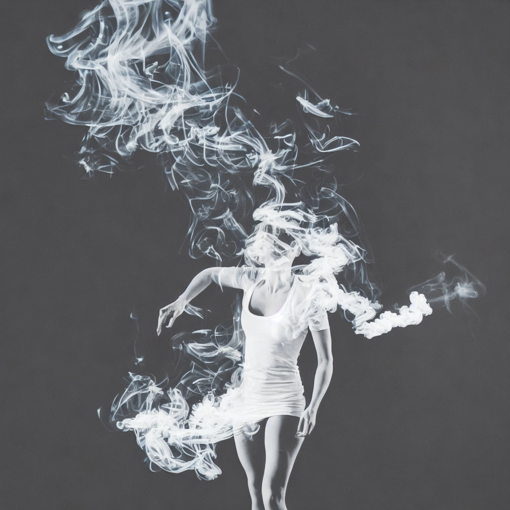 Woman's upper body obscured by smoke swirls on grey background