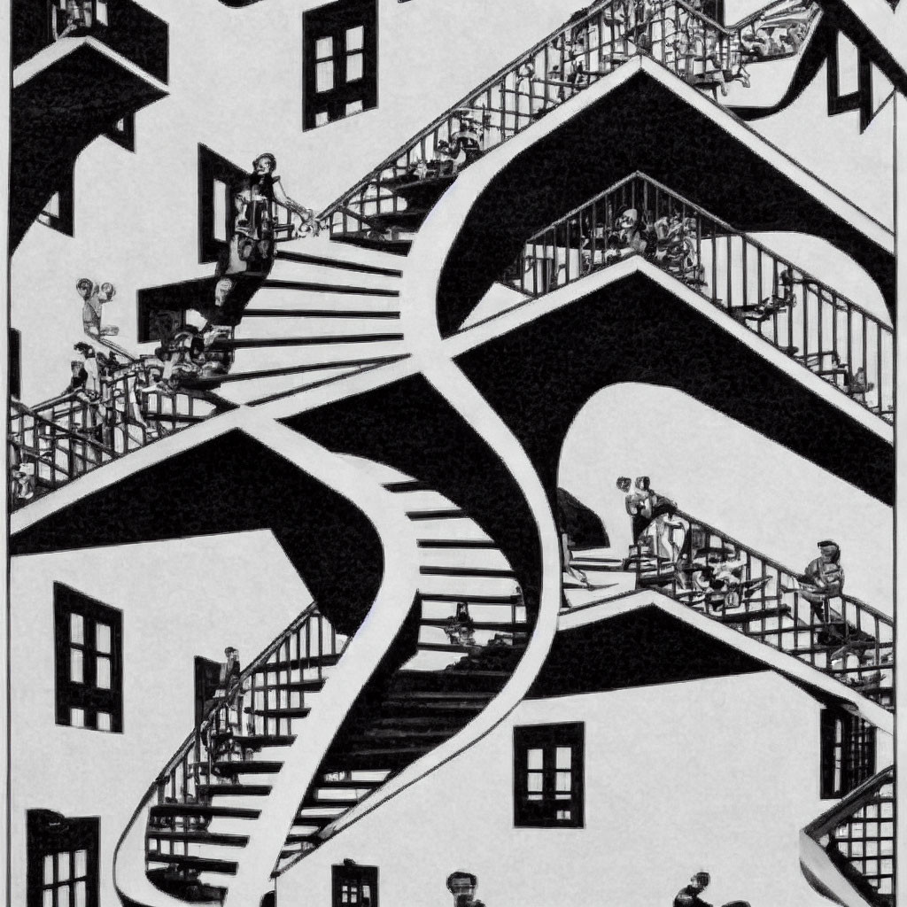 Surreal architecture with multiple staircases and figures in Escher-like design
