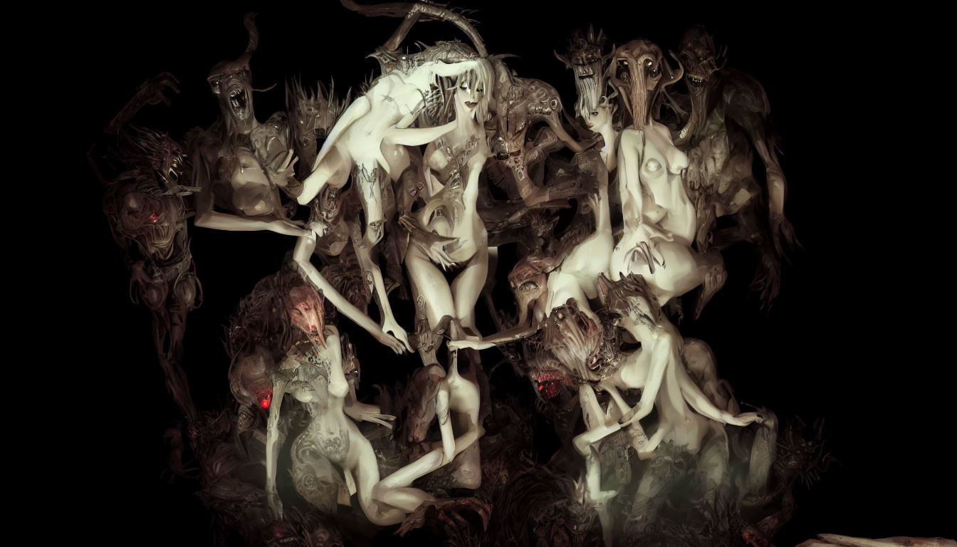 Surreal dark image: Distorted humanoid figures in misty setting