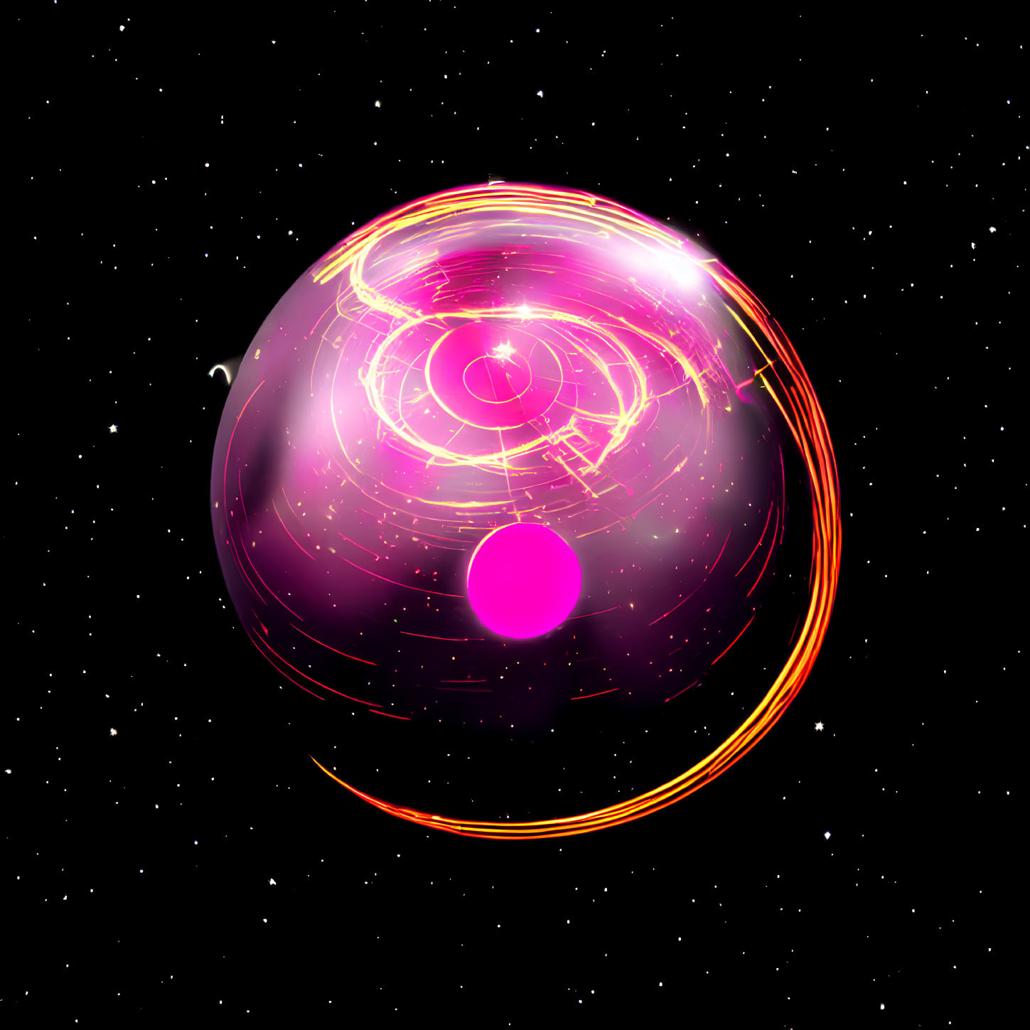 Glowing pink sphere with luminous rings in starry space background