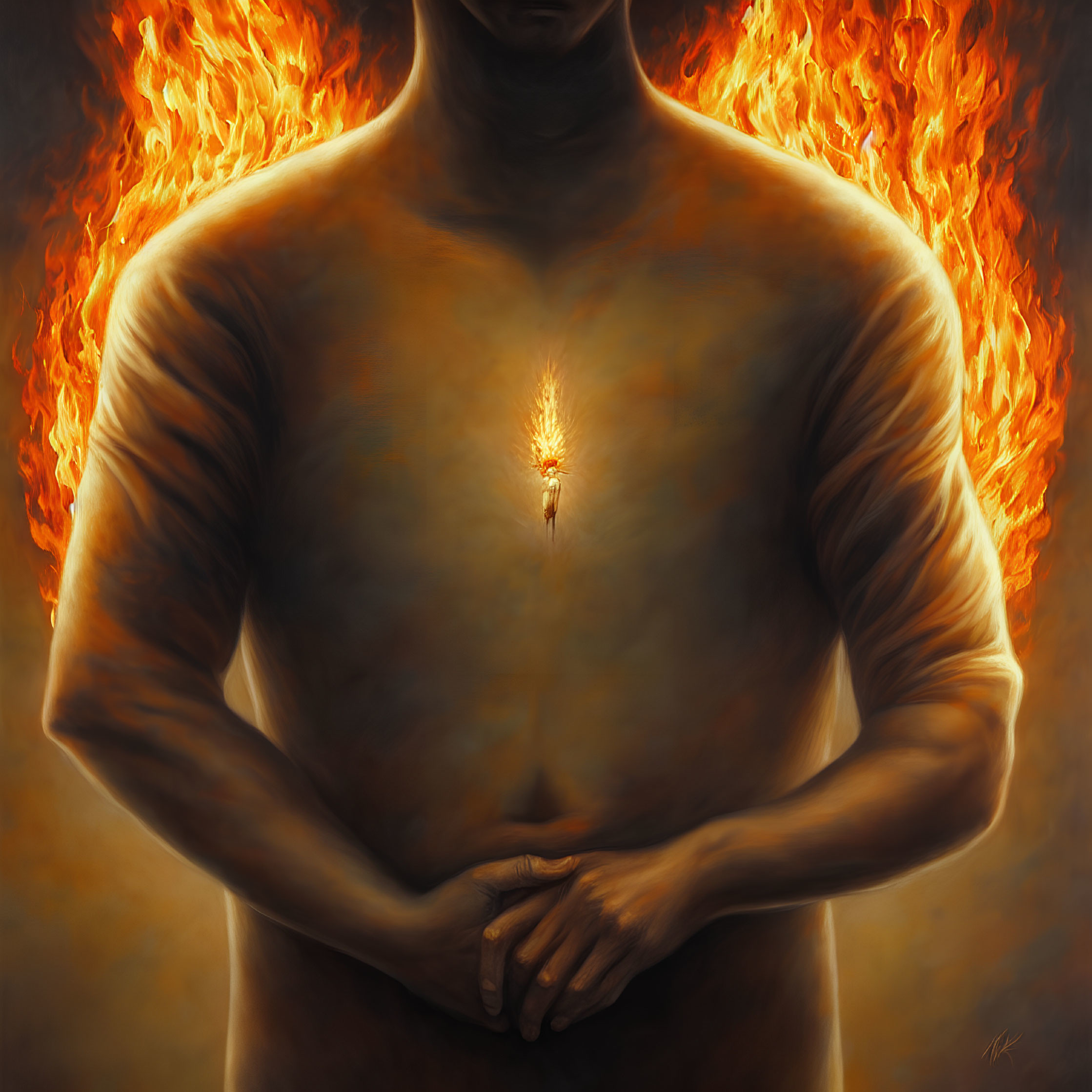 Shirtless man with flames and fire symbolizing inner strength