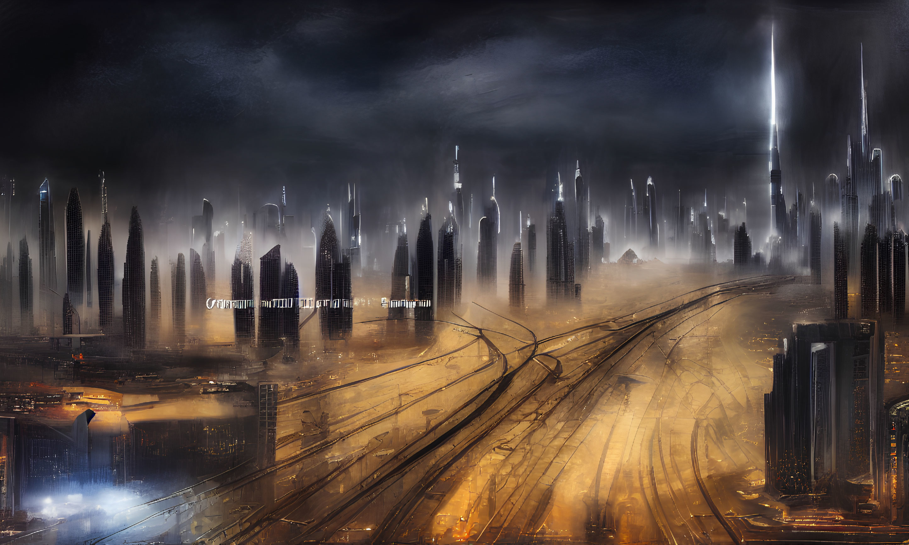 Futuristic night cityscape with stormy sky, towering skyscrapers, roads, and dyst