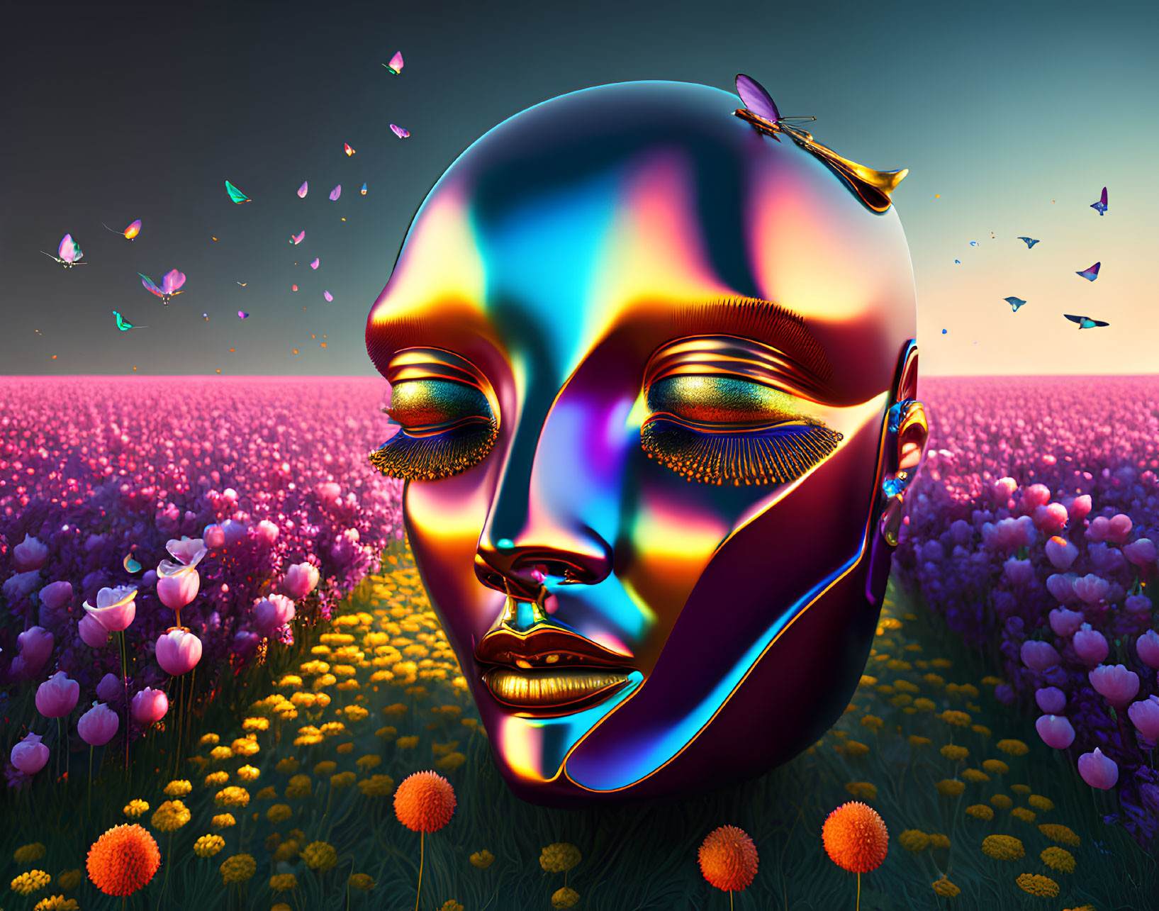 Colorful digital artwork: Metallic face in a nature scene with butterflies and dragonfly under pink and blue