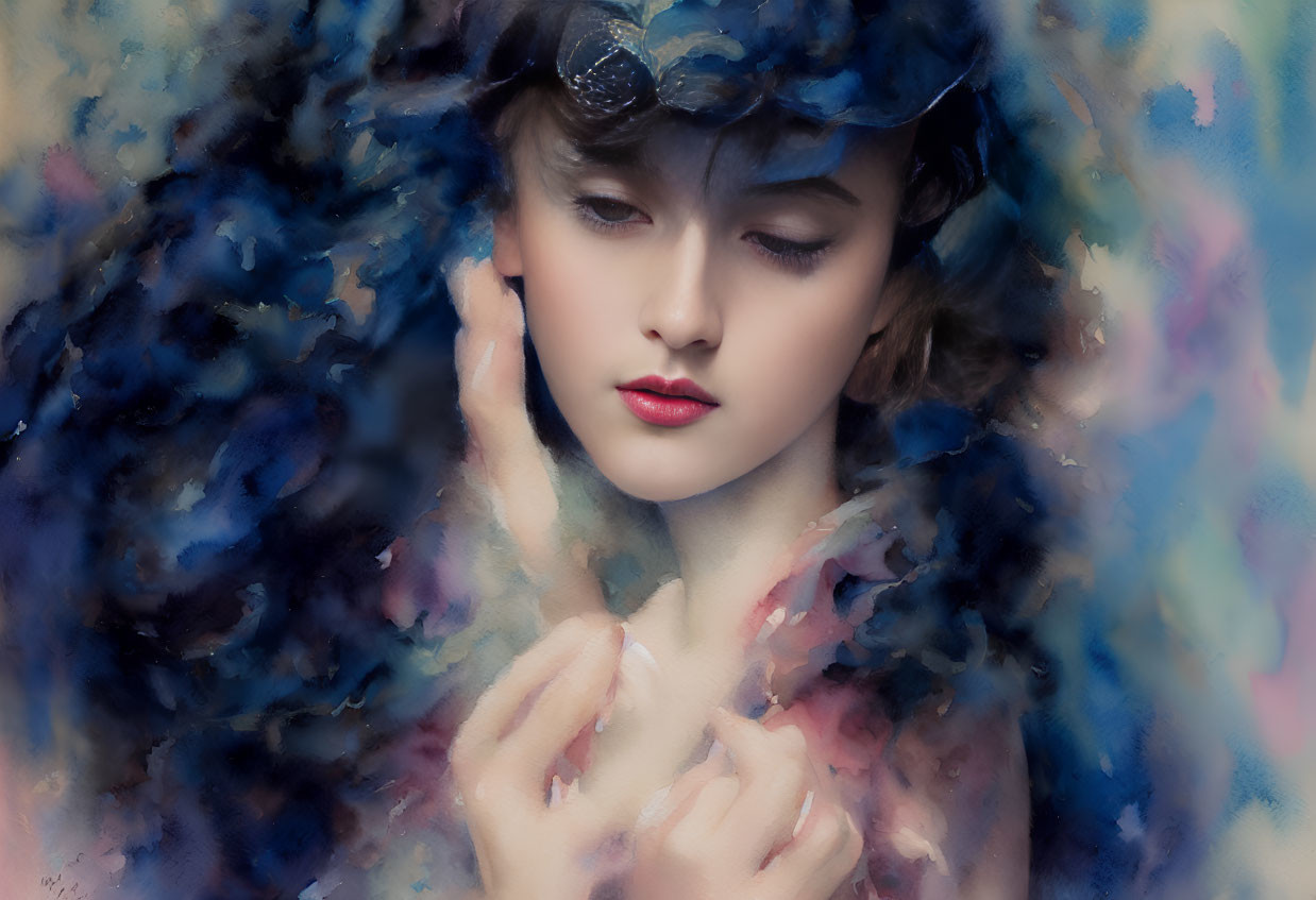 Digital painting of young woman with nostalgic expression and blue floral headpiece in soft, ethereal colors