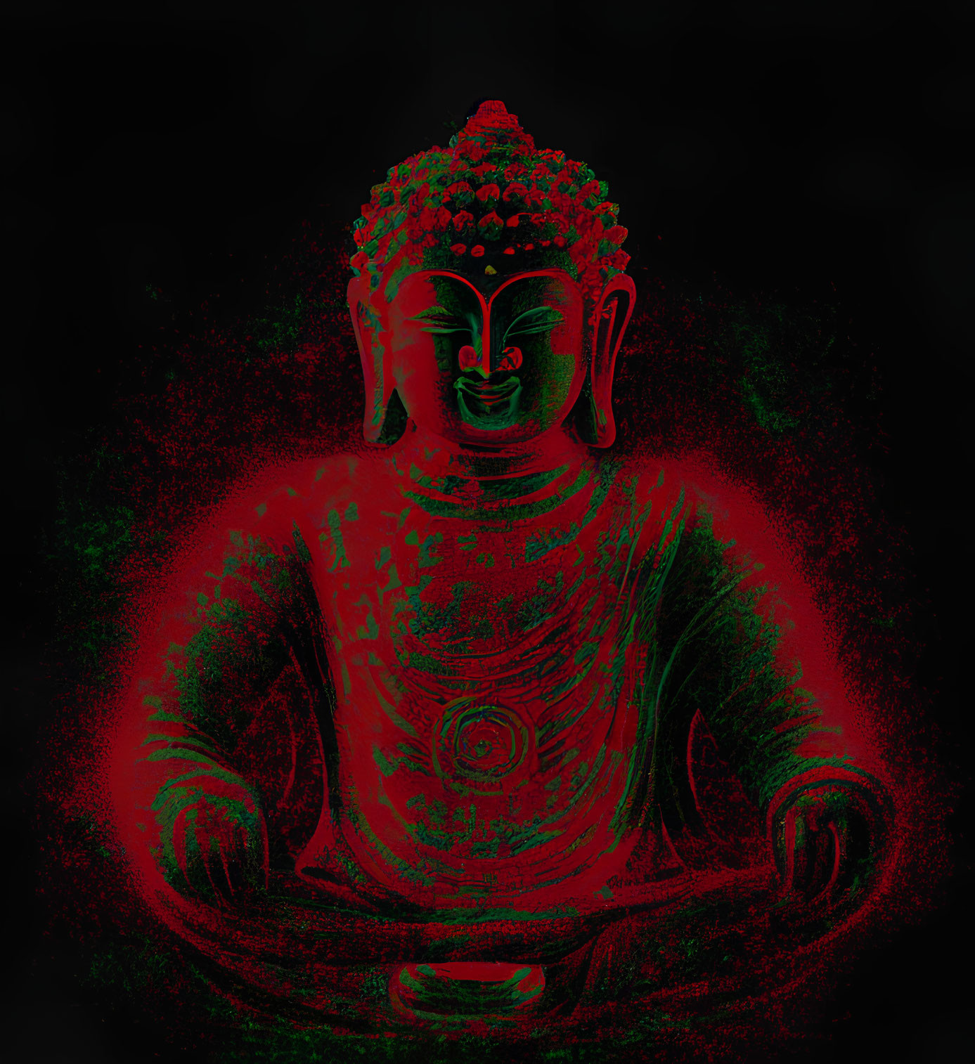 Digital art: Glowing Buddha statue with red and green aura on dark background