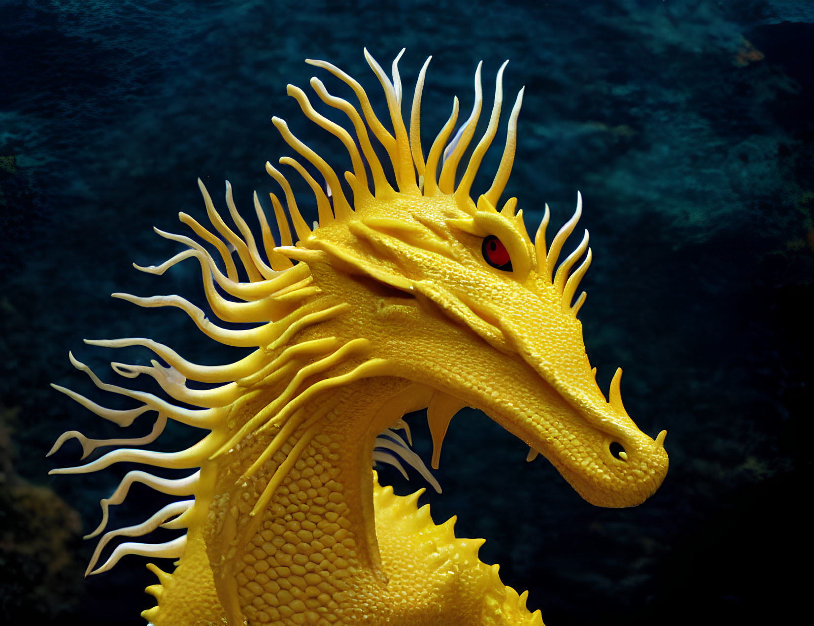 Colorful Yellow Seahorse with Elaborate Fin Frills in Dark Blue Ocean