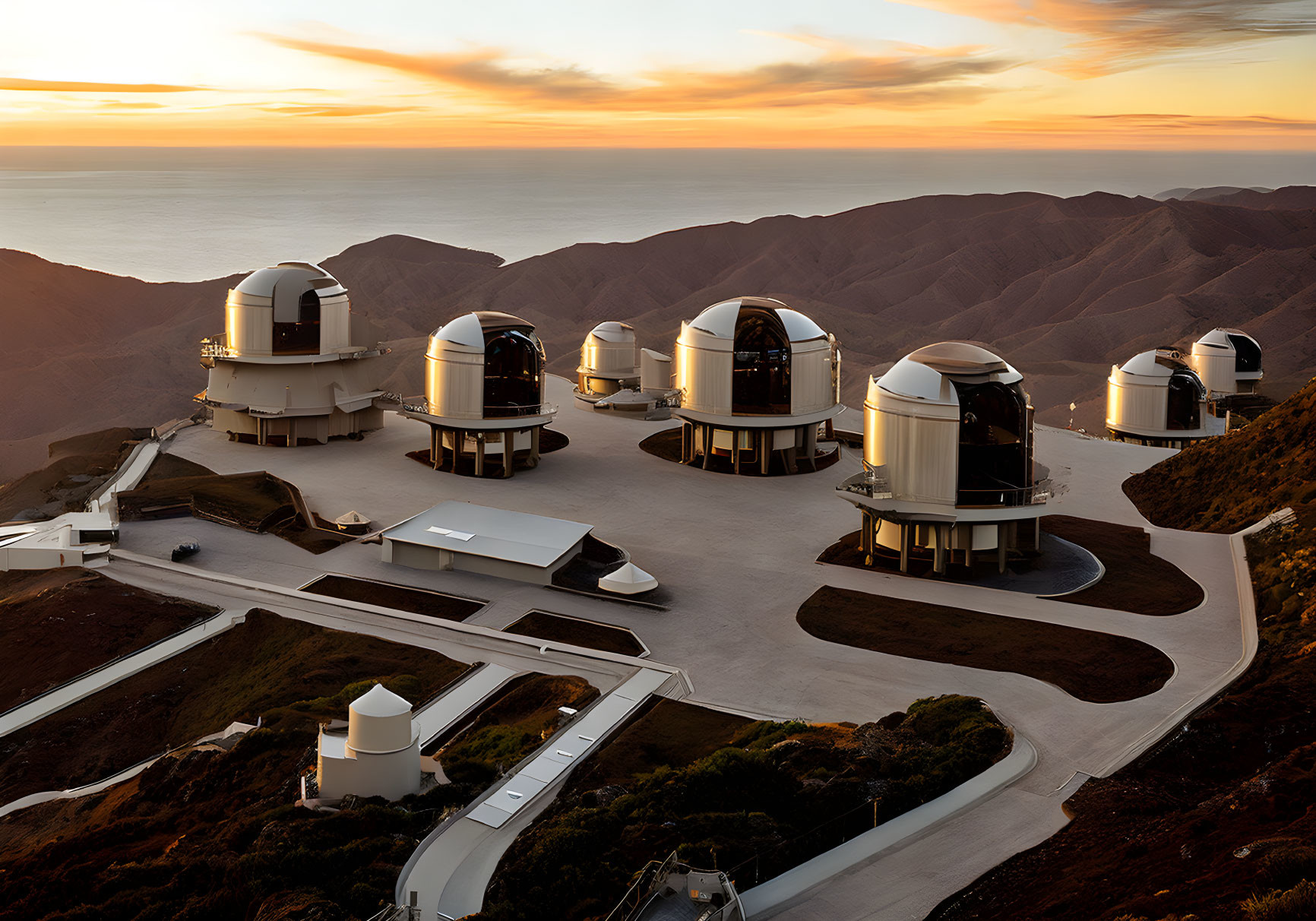 Mountain-top observatory with dome telescopes, sunset, winding road, sea view
