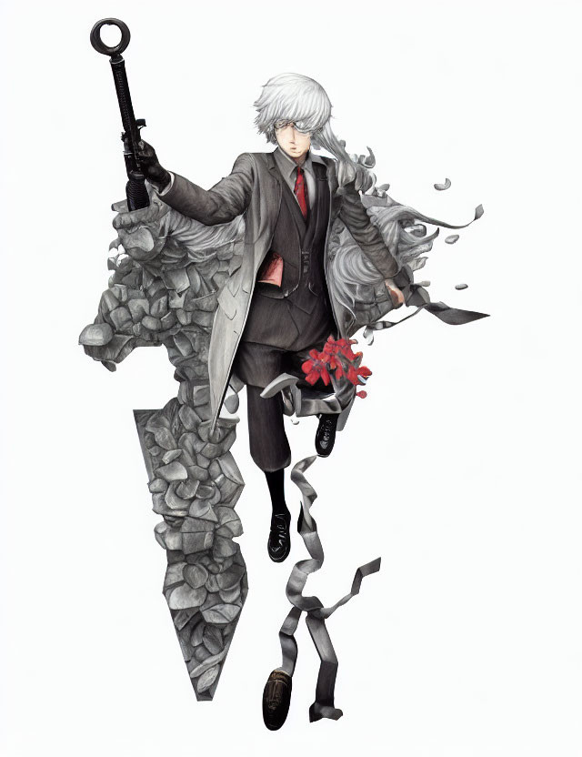 Silver-Haired Figure with Key in Stylized Coat and Stone Structures