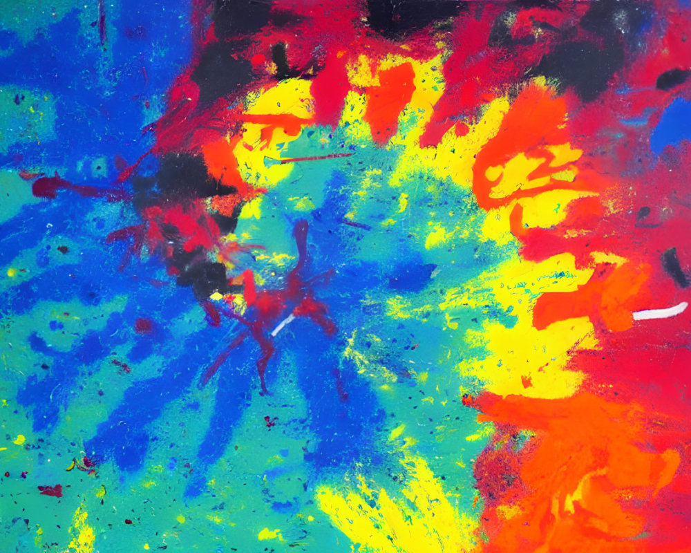 Colorful Abstract Painting with Blue, Red, Yellow, and Black Splashes