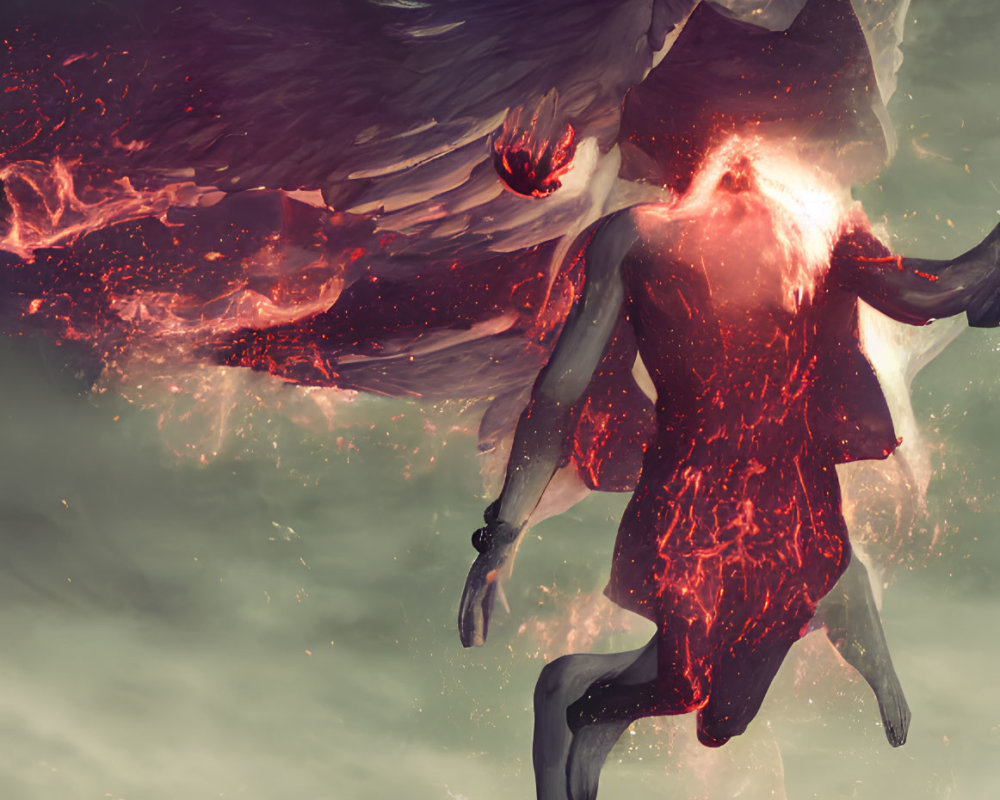 Winged humanoid figure with glowing red accents holding fiery energy source in cloudy backdrop