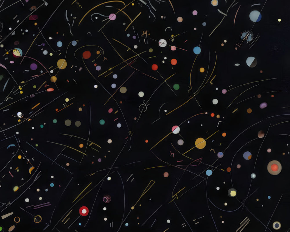 Chaotic Lines and Colored Dots on Dark Background: Abstract Art Resembling Starry Night