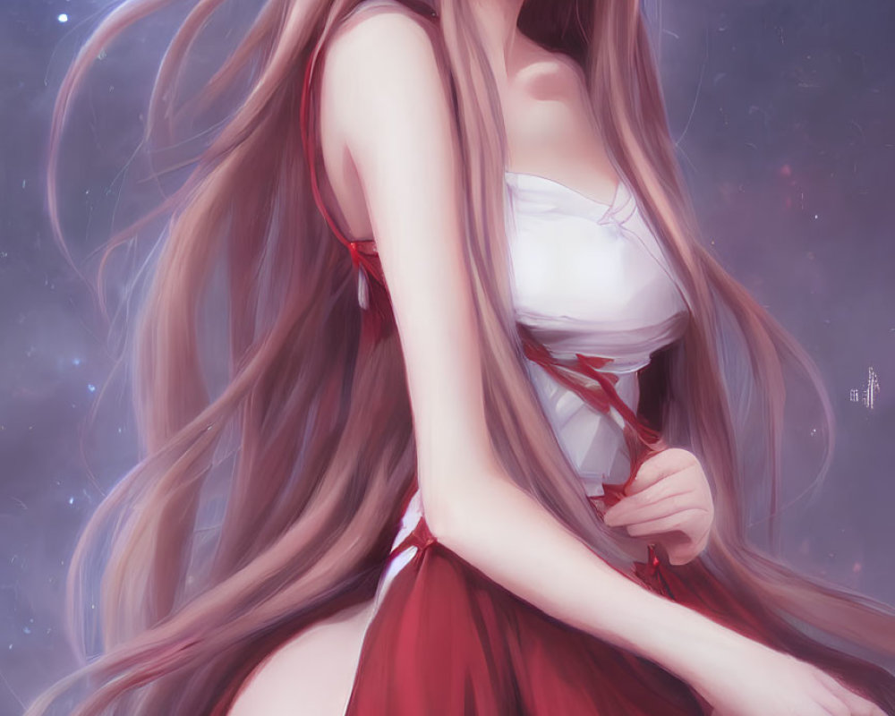 Illustrated female character with long brown hair and red eyes in white dress against cosmic backdrop