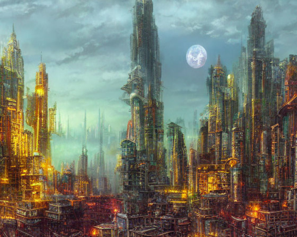 Futuristic cityscape with skyscrapers, luminous buildings, and multiple moons