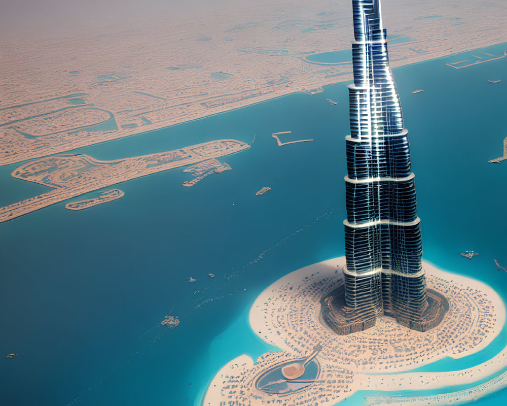 Futuristic skyscraper over artificial archipelago with coastal development.