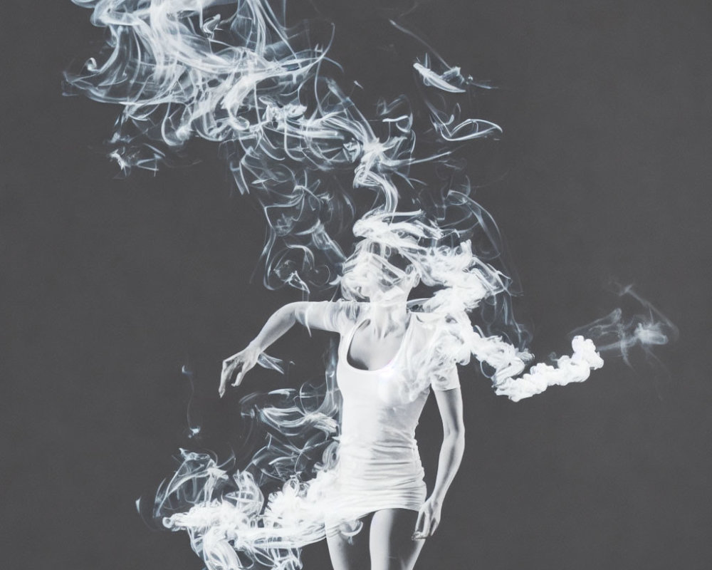 Woman's upper body obscured by smoke swirls on grey background